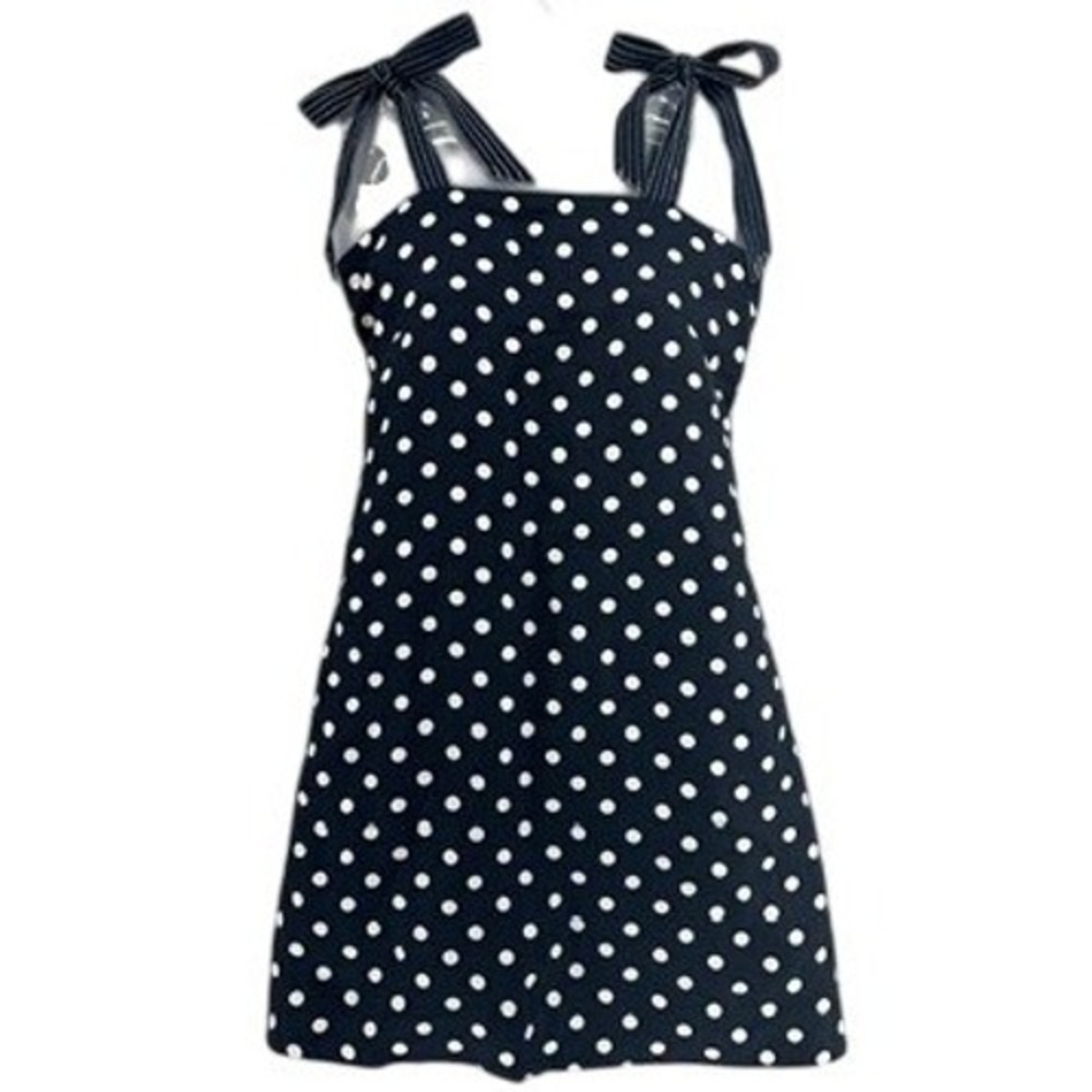 J.Crew Polka Dot Tie-Strap Linen Blend Mini Dress Navy White SZ 2 Retro Preppy